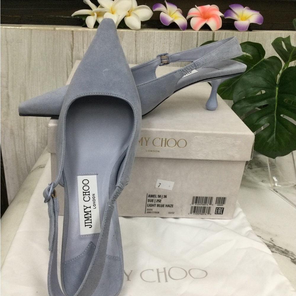 NIB Jimmy Choo Light Blue Haze Suede Slingback Kitten Heels